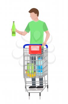 Man standing with cart at supermarket and holding glass bottle, shopping and buying products and food, vector illustration isolated on white