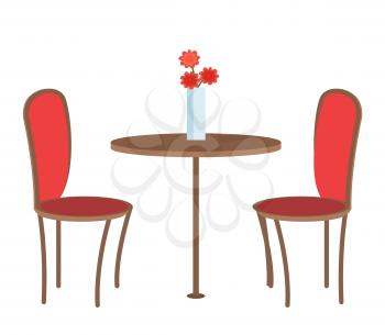 Empty restaurant table with three flowers in vase and two red chairs vector illustration of romantic place for dating isolated on white background