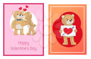 I love you and me teddy bears with heart sign vector illustration of stuffed toy animals, presents for Happy Valentines Day, cartoon posters