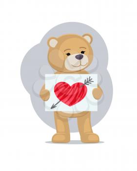 Stuffed teddy with sheet of paper and hand drawn broken heart with arrow in it, vector illustration of cute male bear isolated on white background