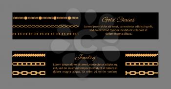 Gold chains, collection of cards consisting of images with jewellery and text sample easy to edit, vector illustration isolated on grey background