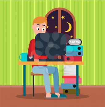 Working at midnight man with orange hair red sweater and blue trousers color vector illustration, green wallpaper, yellow stars and moon, black laptop