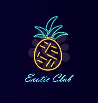 Elite club neon signboard, poster with image of pineapple with green leaves, nightlife with wealth and dances, vector illustration isolated on blue