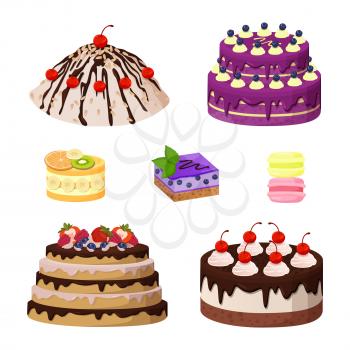 Sweet bakery collection, poster with cakes made of cream and biscuit, berries and chocolate, strawberries and blueberries, isolated on vector illustration