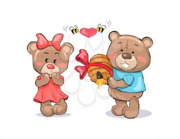 Male teddy bear in blue t-shirt holding hive full of honey and smile, bees flying with red heart above him, present for girlfriend vector on white