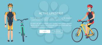 Active lifestyle web page with bicyclists wearing uniform, helmet and glasses, text sample and button, vector illustration isolated on blue background