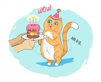 Festive card with cheerful cat with blue eyes, vector illustration of birthday kitty with cute cone with yellow bubo celebration cake with golden fish