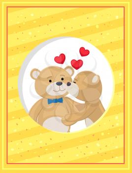 Teddy bears couple, female kisses male in cheek, hearts above them, vector illustration of merry lovers animals isolated