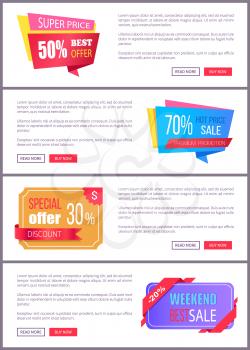Set sale special offer order now web poster with push buttons read more and buy now. Vector illustration advertisement banner with info about discounts