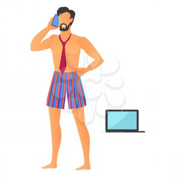 Smiling man with black beard vector illustration of businessman in cute striped shorts and cherry necktie, mobile phone and computer, white backdrop