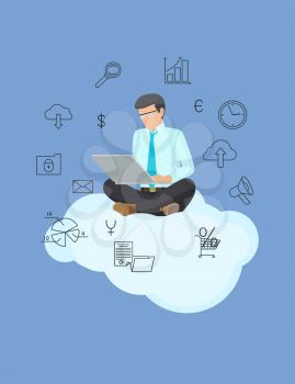 Technology poster and busy man vector illustration of employee on white cloud with grey laptop, set of business stuff isolated on blue background
