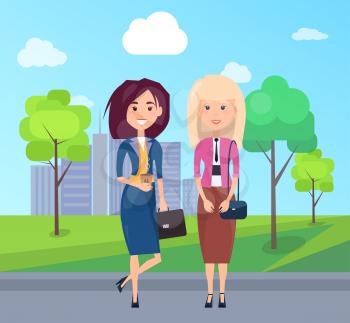 Colorful picture with two cute business women vector illustration with beauty city landscape, blue suit, pink jacket, black handbags, lot of trees
