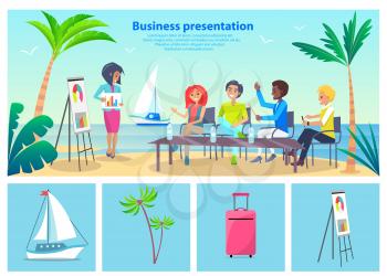 Business presentation by seaside, poster with woman and workers listening to her, sea and sailboat, palms and sand isolated on vector illustration