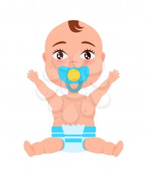 Baby infant in diaper and pacifier in mouth stretches hands up sitting on floor vector illustration with little child isolated on white background