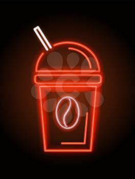 Coffee cup with straw neon sign, drink made of roasted beans, red signboard with shining and glowing, symbolic image, isolated on vector illustration