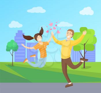 Happy lovers merrily jumping, boyfriend and girlfriend leaping from joy vector illustration isolated on background of skyscrapers in city park