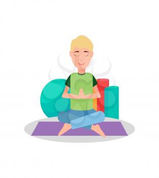 Man doing yoga and meditation, male sitting on carpet with pillows, concentration and stress relief, vector illustration isolated on white background