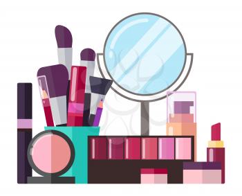 Decorative cosmetics and makeup tools set. Round mirror, eyeshadows palette, thick brushes, tubes of mascara and skin foundation vector illustrations.