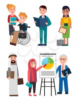 People and business work, man in disabled chair and woman with papers, person giving presentation using whiteboard, isolated on vector illustration