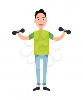 Teenager training with dumbbells vector illustration isolated on white. Boy goes in for sport, athletic male in cosy sportive apparel on workout