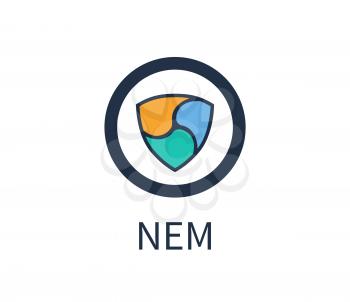 Nem cryptocurrency icon and title, logo of digital asset system consisting of colorful triangle, headline and emblem isolated on vector illustration