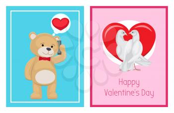 Cute soft toy bears and white doves couples in love with red hearts isolated cartoon banners vector illustrations for valentines day.