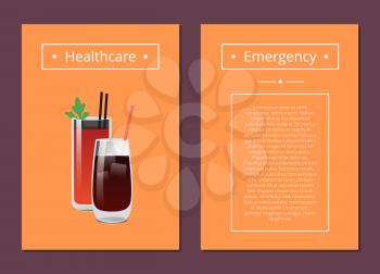 Healthcare and emergency cards vector illustration with two cocktails in varied shape glasses, cute straws, black frames, text sample, orange backdrop