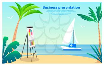 Business presentation, poster with given text and lettering, whiteboard on stand and beach, seaside and sailboat, isolated on vector illustration