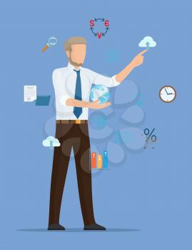 Businessman colorful card vector illustration of man in official suit with small Earth in one hand and indicative on cloud by finger on blue backdrop