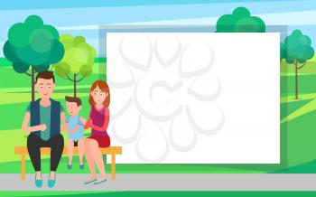 Family mother father and son sitting on bench in city park with white border for text. Parents spend time with child vector cartoon characters
