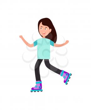 Girl roller skating vector illustration isolated on white background. Child skates on rollers, spending time outdoors on workout, healthy lifestyle concept