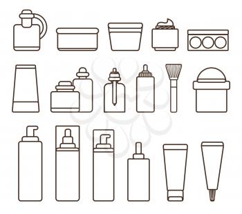 Containers full of skincare means with vitamins and minerals black and white isolated cartoon flat outlines vector illustrations on white background.