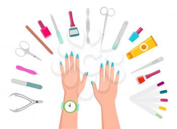 Female hands, sharp manicure tools and bottles of bright nail polishes in semicircle isolated cartoon flat vector illustration on white background.