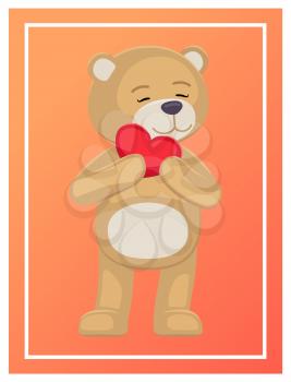 Adorable teddy gently holds heart at mouth, lovely bear animal with red balloon or pillow, vector illustration greeting card design on Valentines day