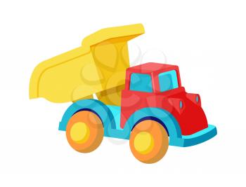 Toy dump truck plastic car in bright colors vector illustration isolated on white background. Heavy automobile for children s play in cartoon design