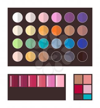 Make up and eyeshadows, collection of tones, palette of colors, cosmetics and products for ladies, vector illustration, isolated on white background