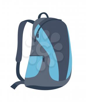 Stylish bag colorful poster vector illustration of grey backpack with blue curved elements and pocket, two dark snakes isolated on white background