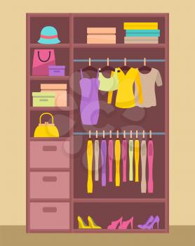 Clothing store, and clothes, wardrobe and dress, on hangers, bag and shoes, hat and accessories, items for women, isolated on vector illustration