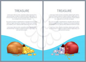 Treasure posters with bags, shiny diamonds and heap of gold coins. Ancient precious treasures in bunches. Expensive gems, metal money and text vector