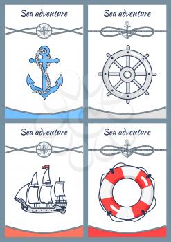 Sea adventure set of four colorful banners, vector icons anchor handwheel, ship and rescue circle with rope, loops from cordage roping illustration