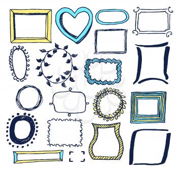 Set of various colorful frames vector illustration with blue yellow and black borders with leaves dots and striped lines isolated on white background