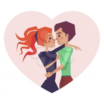 Kissing couple in love, poster with boyfriend, hugging girlfriend, passion and high feeling, Valentines day celebration, vector illustration