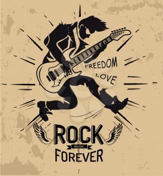Rock music forever, love and freedom, guitarist performing songs, there is also icon of wings, vector illustration isolated on sandy brown