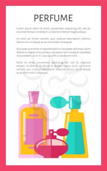 Perfume pattern color card vector illustration of three glass bottles with pink green and red liquid, red frame, text sample, isolated on white