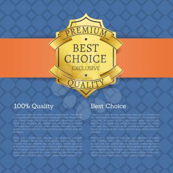 Best choice 100 quality golden brand label isolated on blue background vector illustration with text, guarantee assurance seal of super product poster