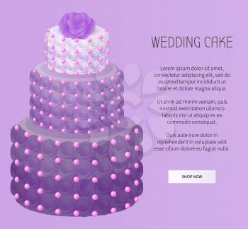Wedding cake of purple color with roses as decoration and big dots on contours, sweet bakery for special occasion, vector illustration isolated
