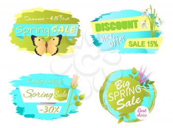 Only today spring sale labels with lilac flowers, discounts emblems with roses and snowdrops, springtime price of colored butterflies vector illustrations