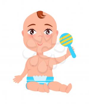 Infant with plastic rattle in hand sitting on floor vector illustration with little child isolated on white, playful newborn toddler with first toy