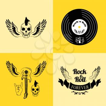 Rock n roll forever, icons of skull with punk hairstyle, vinyl, guitar with wings, ribbon and gesture horns vector illustration isolated on yellow