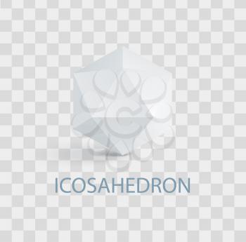 Icosahedron isolated white three-dimensional shape. Complicated geometric figure composed of regular triangles that casts shade vector illustration on transparent background